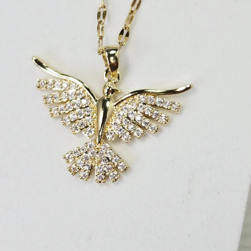 Gold Rhinestone Phoenix Necklace CZ Firebird Pendant Symbolic Energy Bird Gift